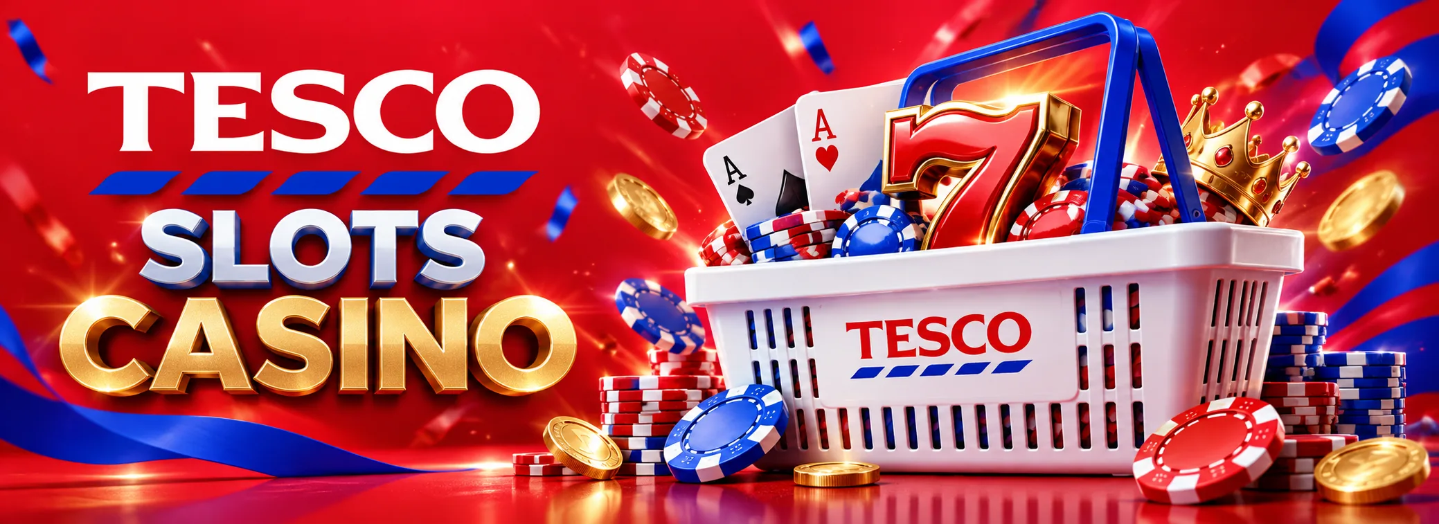 Tesco Slots Casino welcome match of £1,500 and 250 free spins on a crimson and graphite banner